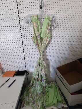 Floral Green Maxi Dress With Ruffled Hem Sleeveless Back Lace-Up Detail And Ligh